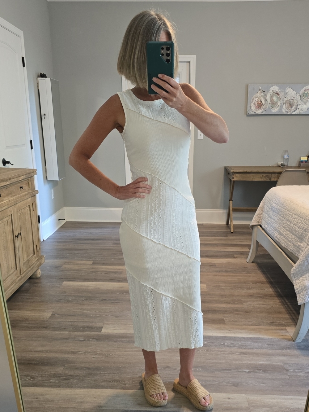 Sleeveless Cream Midi Dress with Diagonal Lace Panels